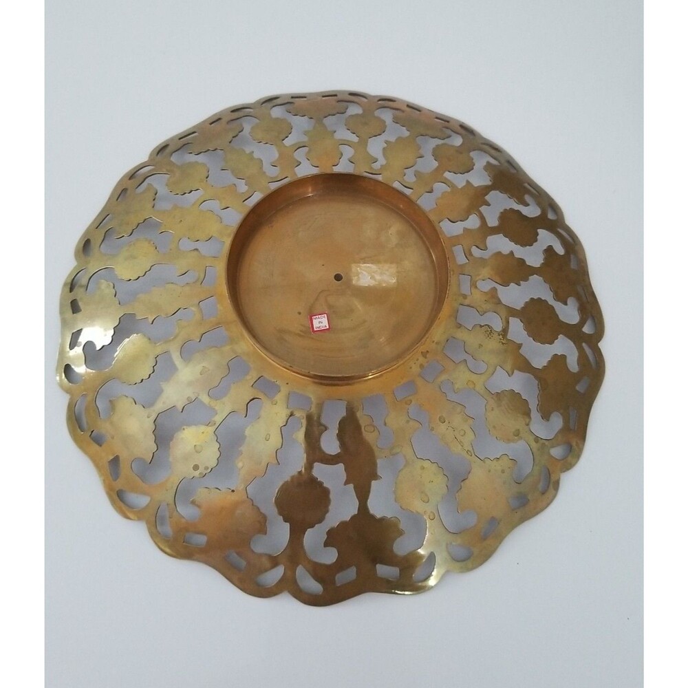 Vintage Brass Metal Bowl plate Reticulated Floral Design Footed Pedestal 10" - Picture 5 of 6